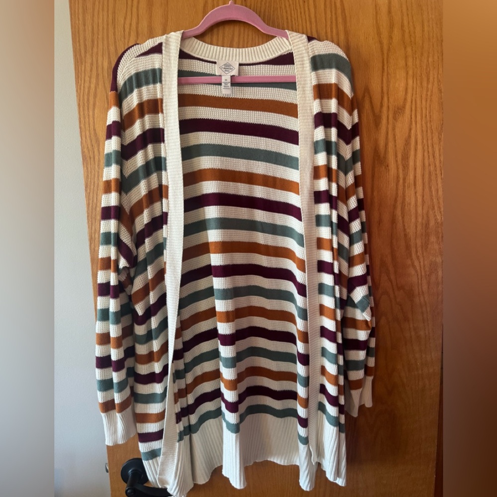 Striped Open-Front Cardigan Sweater in Cream, Burgundy, Mustard & Teal